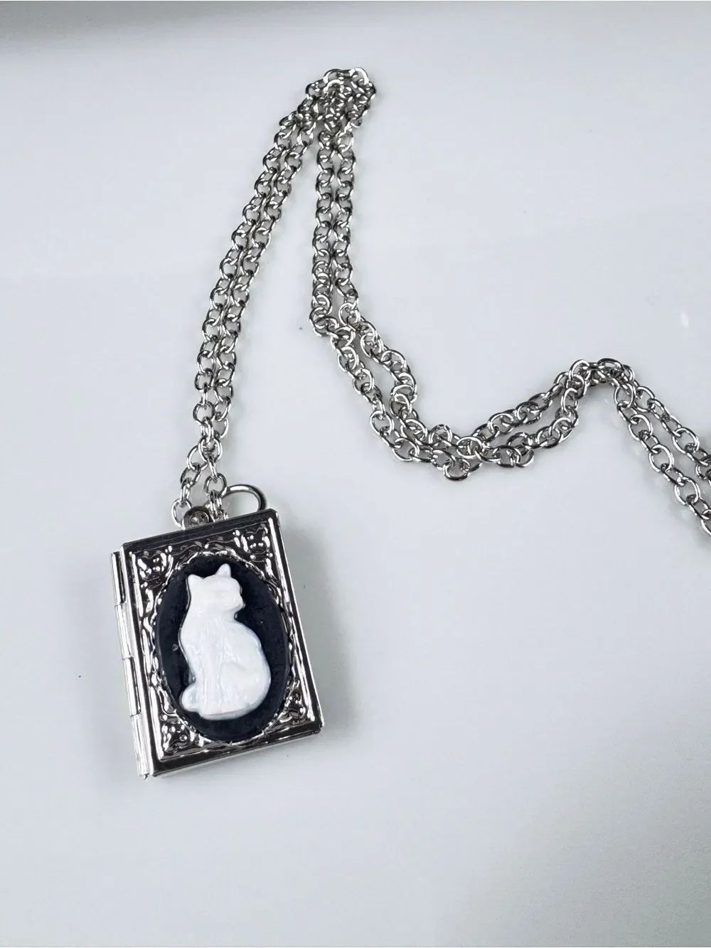 Cameo Kitty Cat Locket Book Necklace with White Cat Cameo